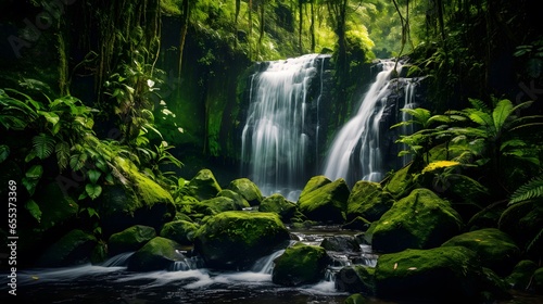Panorama of a waterfall in a tropical forest  Bali island  Indonesia