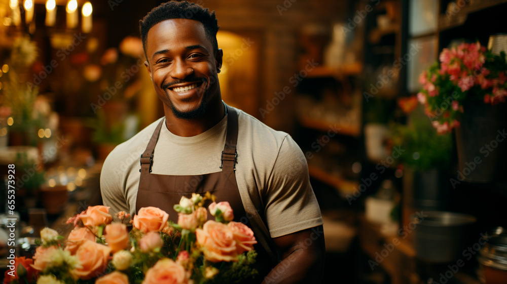 portrait of young african - american florist with bouquet in flower shop - obrazy, fototapety, plakaty 