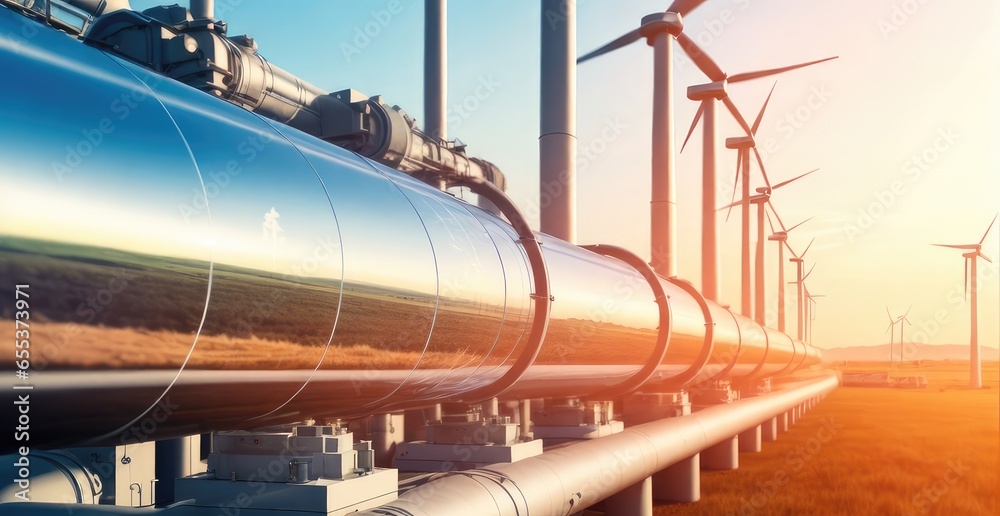 wind turbines and a hydrogen pipeline in the distance. Concept for sustainable hydrogen production wind turbines and a hydrogen pipeline in the distance. Concept for sustainable hydrogen production