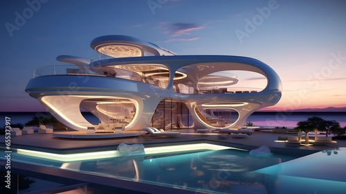 3D rendering of a futuristic building on the seashore.