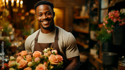 portrait of young african - american florist with bouquet in flower shop photo