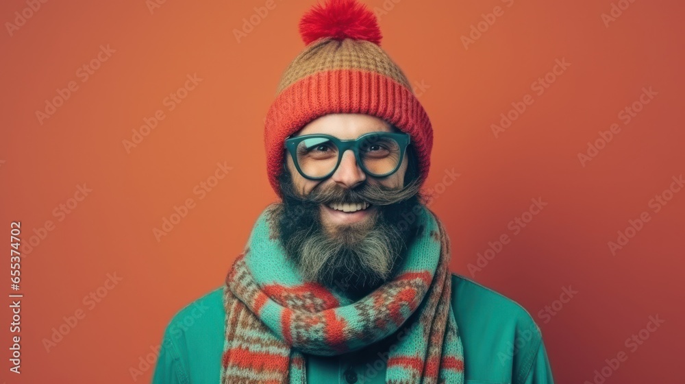 Happy man with scarf and knitted hat
