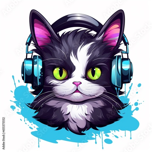 Cat animal face wearing gaming headphones picture AI generated art