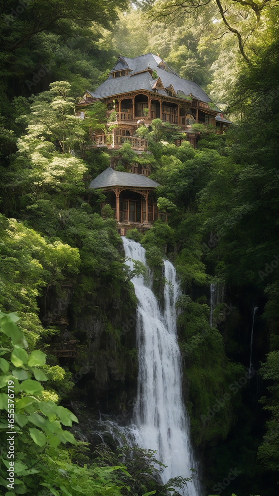 A charming Victorian house nestled amidst lush greenery, overlooking a picturesque waterfall - AI Generative A charming Victorian house nestled amidst lush greenery, overlooking a picturesque waterfall - AI Generative