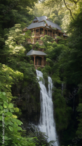 A charming Victorian house nestled amidst lush greenery, overlooking a picturesque waterfall - AI Generative