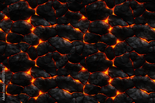 Cracked Black Stones and Magma Floor Pattern. Seamless Repeatable Background.