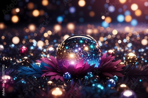 Beautiful abstract shiny light and glitter dark background, water circle, colorful flower, red, bule, pink, gold, star. photo
