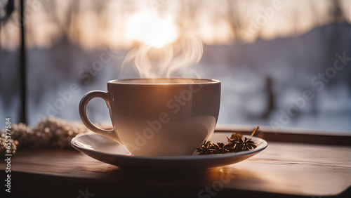 Cup of hot tea in a winter atmosphere 