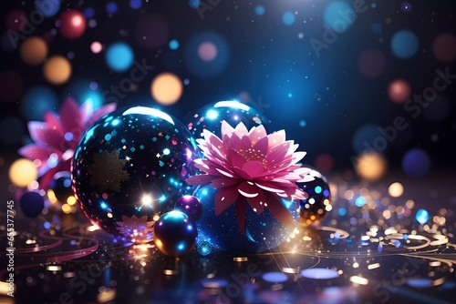 Beautiful abstract shiny light and glitter dark background, water circle, colorful flower, red, bule, pink, gold, star.