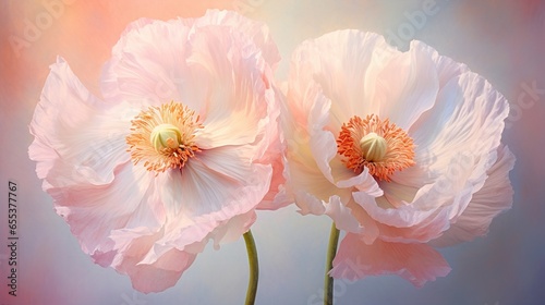  two large pink flowers are in a vase on a table. generative ai © Anna