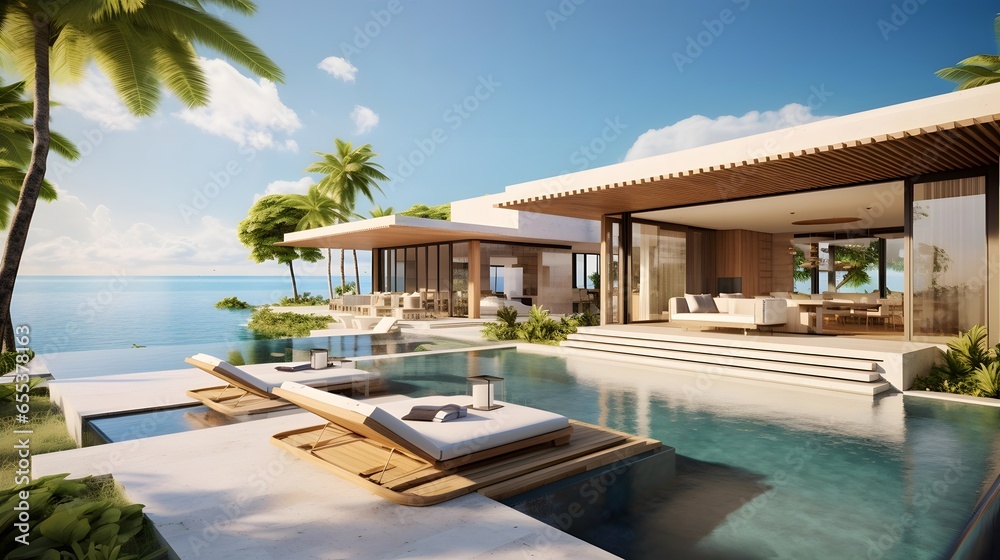 Panoramic view of luxury villa with swimming pool and beach