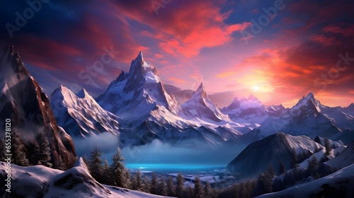 Panoramic view of snow-capped mountain peaks at sunset © Iman