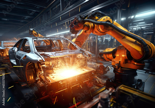  Assembly line of robots welding car body. Industry. Automobile plant, Industrial machinery automatic arm welding cars, vehicles robot in production line of vehicle manufacturer factory. Generative ai