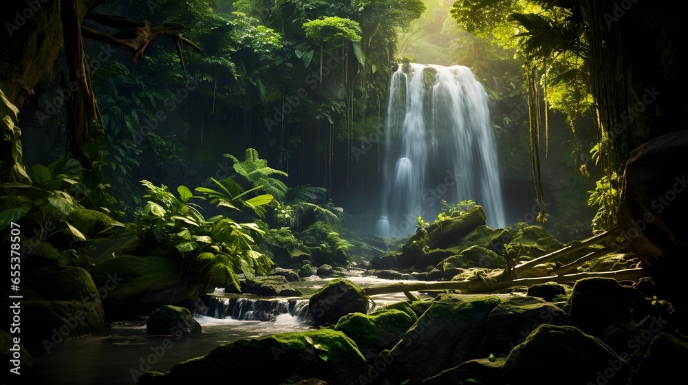 Beautiful waterfall in the jungle. Panoramic view of the waterfall.
