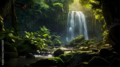 Beautiful waterfall in the jungle. Panoramic view of the waterfall. © Iman