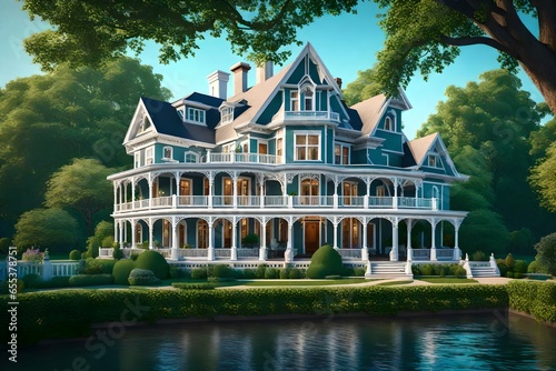 A charming Victorian house stands gracefully on the bank of a serene river - AI Generative