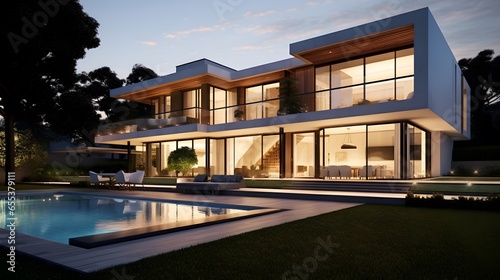 3d rendering of modern cozy house with pool and parking for sale or rent © Iman