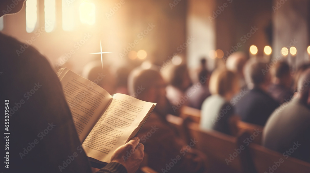 A group of believers singing hymns during a church service, spiritual practices of Christians, bokeh - obrazy, fototapety, plakaty 
