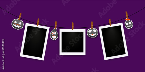 Set of instant photo frame mockups with shadows. Photo album template. Empty image for memory Halloween. Spooky, scary, horror, fear, pumpkin, face. Realistic blank frame vector on violet background.