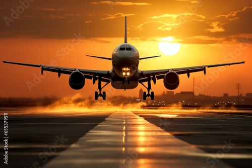 Airplane landing during sunset. Generative AI