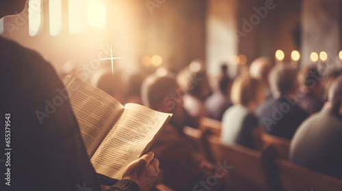 Fotografering A group of believers singing hymns during a church service, spiritual practices