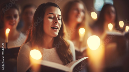 A group of believers singing hymns during a church service, spiritual practices of Christians, bokeh