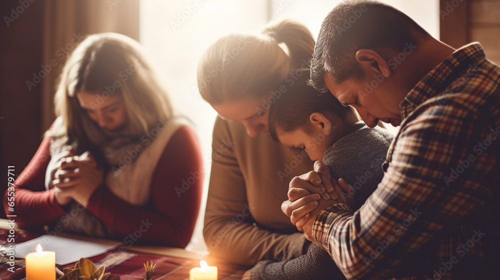 A family praying together at home with a gentle bokeh effect, spiritual practices of Christians, bokeh - obrazy, fototapety, plakaty 
