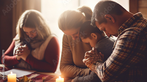 Foto A family praying together at home with a gentle bokeh effect, spiritual practice