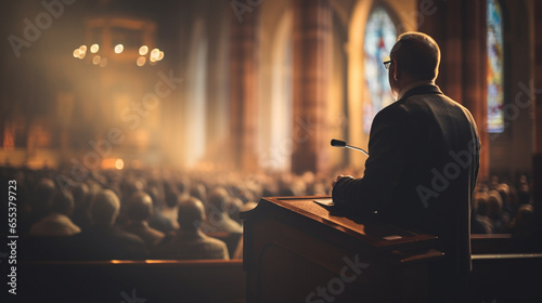 A pastor delivering a sermon with soft, diffused light in the church, spiritual practices of Christians, bokeh photo
