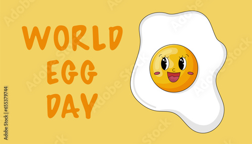 World Egg Day. Vector illustration. Cute cartoon egg character. Holiday banner, poster or web page.