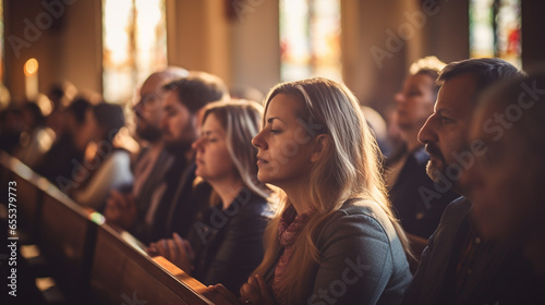 A congregation sharing the peace of Christ during a church service, spiritual practices of Christians, bokeh photo