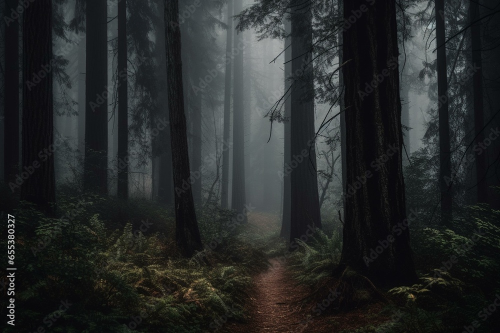 A misty forest with tall trees and a dark foggy backdrop. Generative AI