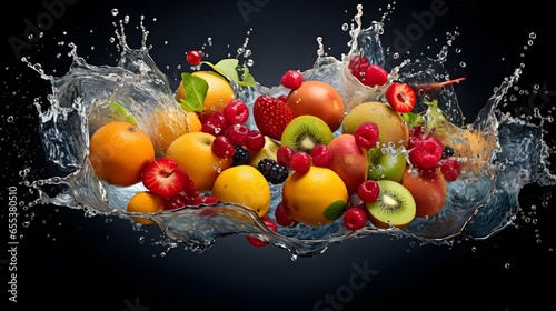 Fruit splashing into water on a black background. Healthy food concept.