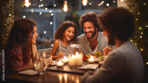 A family enjoying a Shabbat meal together with soft, heartwarming bokeh, spiritual practices of Jewish, bokeh