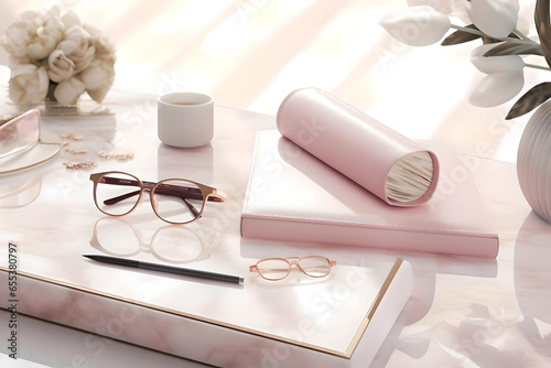 Businesswoman's Desk on Pink Marble with Chic White and Bronze Style