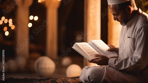 A person reciting the Quran with devotion, surrounded by a soft, contemplative bokeh, spiritual practices of Muslim, bokeh photo