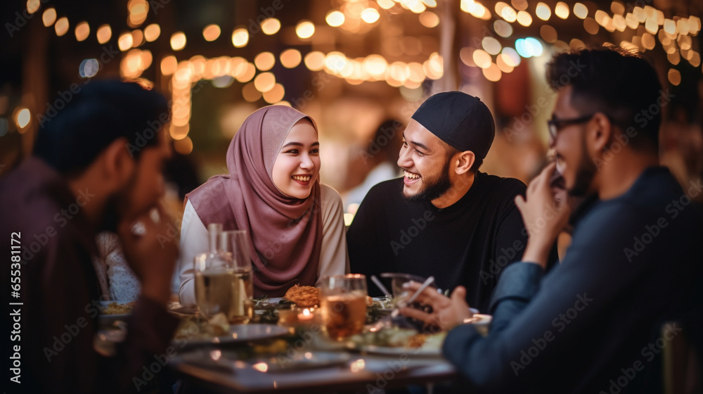 A group of Muslims sharing a meal together after prayer with festive bokeh lights, spiritual practices of Muslim, bokeh