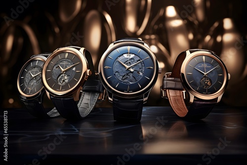 Luxury watches on the table in front of gold wall background