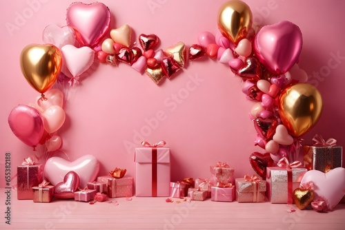 Happy valentines day banner. Pink and gold hearts foil balloons with gifts on Valentines Day background. Generative Ai.