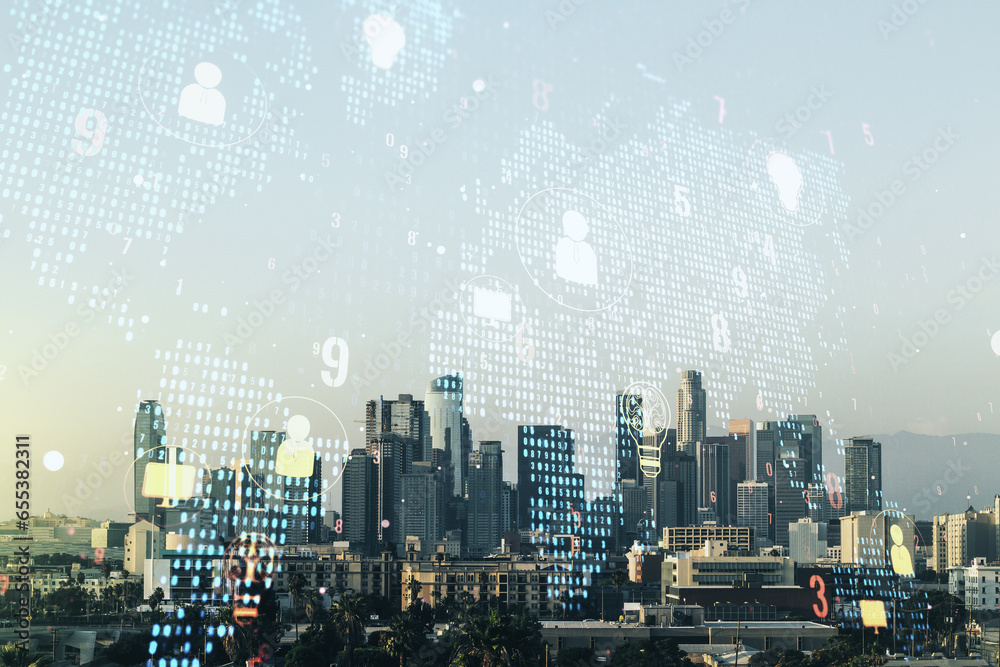 Double exposure of social network icons hologram and world map on Los Angeles city skyscrapers background. Marketing and promotion concept
