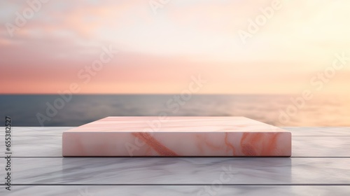Square Marble Podium in light red Colors in front of a blurred Seascape. Luxury Backdrop for Product Presentation © drdigitaldesign