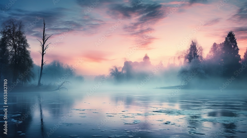  a foggy lake with trees in the background and a pink sky.  generative ai