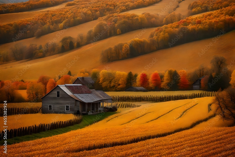a heartwarming image capturing the enchanting beauty of a farmhouse during the vibrant harvest season - AI Generative