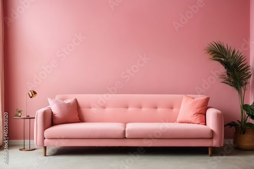Bright light pink couch near color solid wall. Generative AI. © kapros76