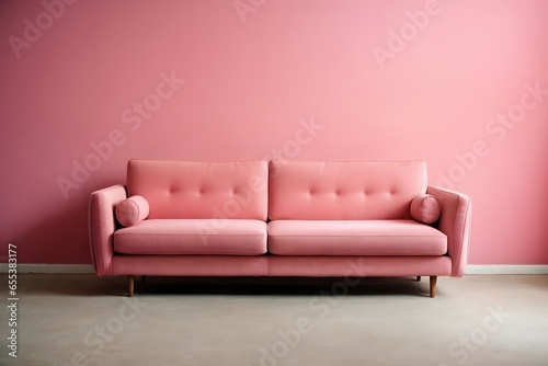 Bright light pink couch near color solid wall. Generative AI.