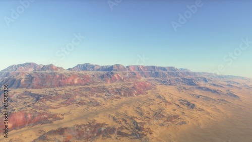 Mars like red planet  with arid landscape  rocky hills and mountains  for space exploration and science fiction backgrounds. 