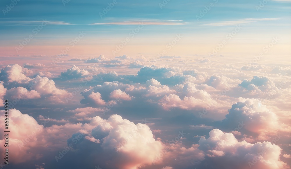 lovely cloudscape in pastel colors. Sky filled with fluffy clouds. From a plane, the horizon. Climate and a cloudy dawn. Copy space for text, advertising, message, logo	