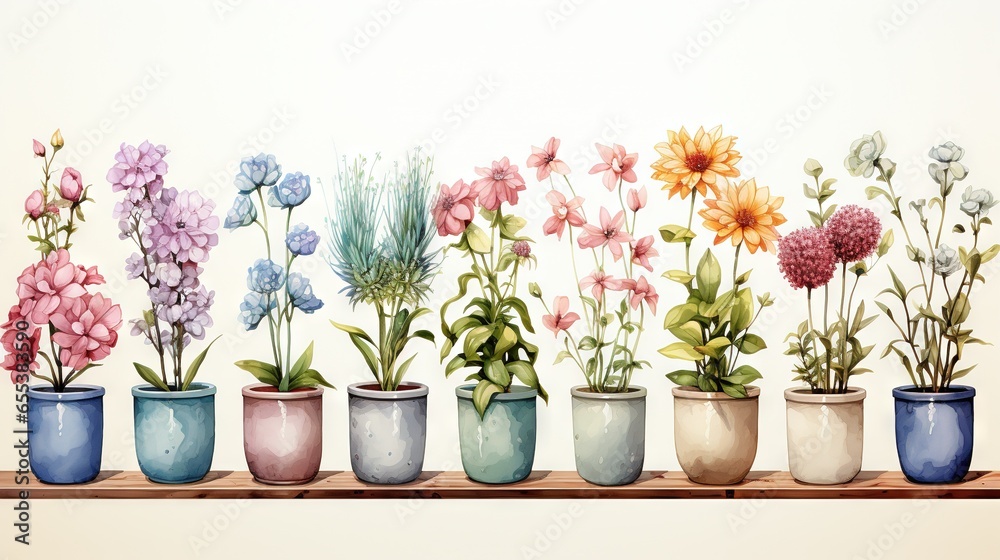  a painting of a row of flower pots on a shelf.  generative ai