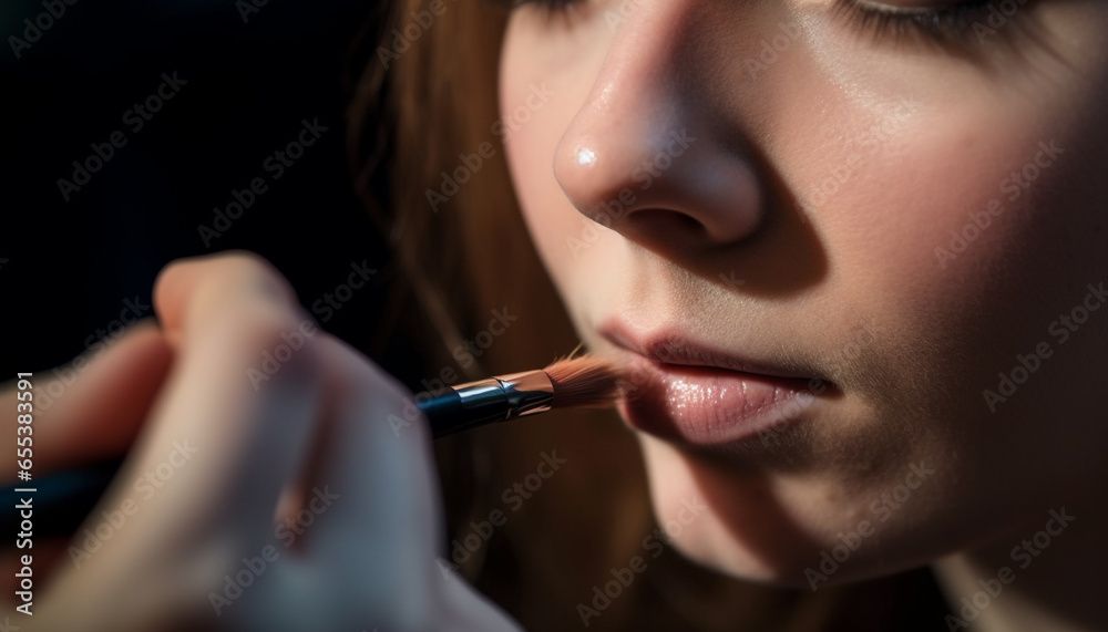 Obraz premium A beautiful Caucasian woman smoking a cigarette, applying lipstick sensually generated by AI