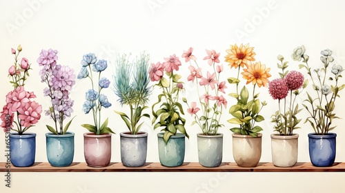  a painting of a row of flower pots on a shelf.  generative ai